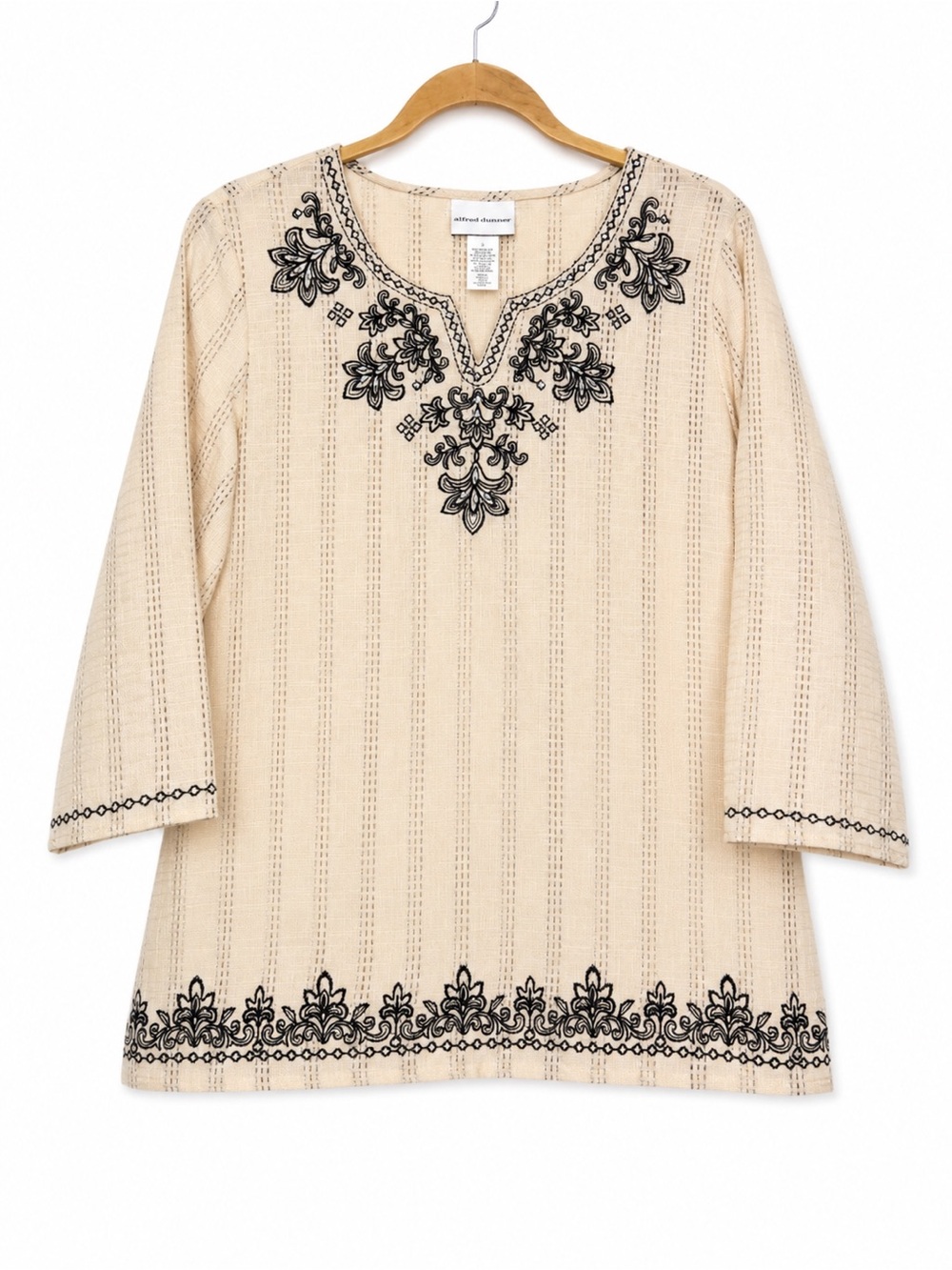 Alfred Dunner Linen Blend Boho Medallion Embroidered Tunic Ivory Black Large